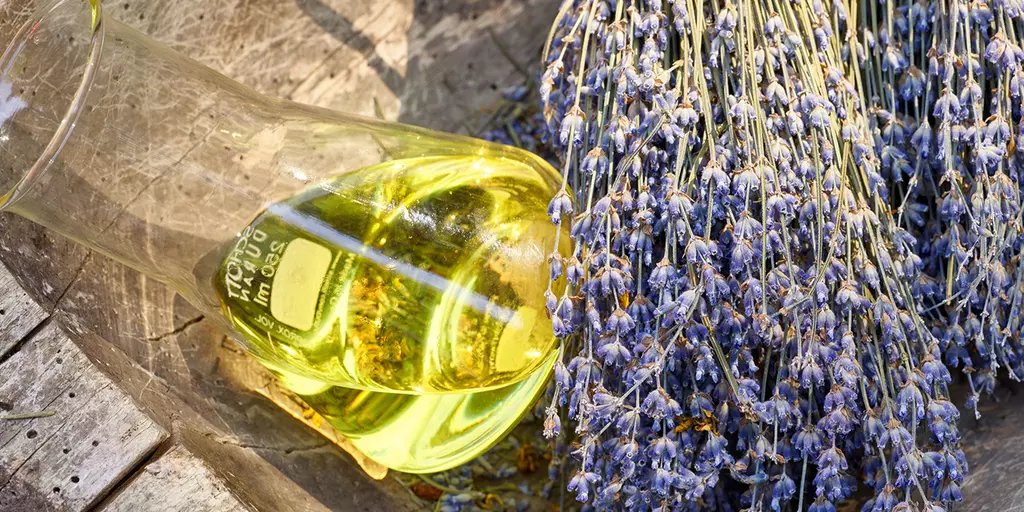 Lavendelblüten neben Reagenzglas