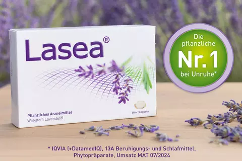 Lasea Packung mit Lavendelblüten und Störer "Die pflanzliche Nr.1 bei Unruhe"